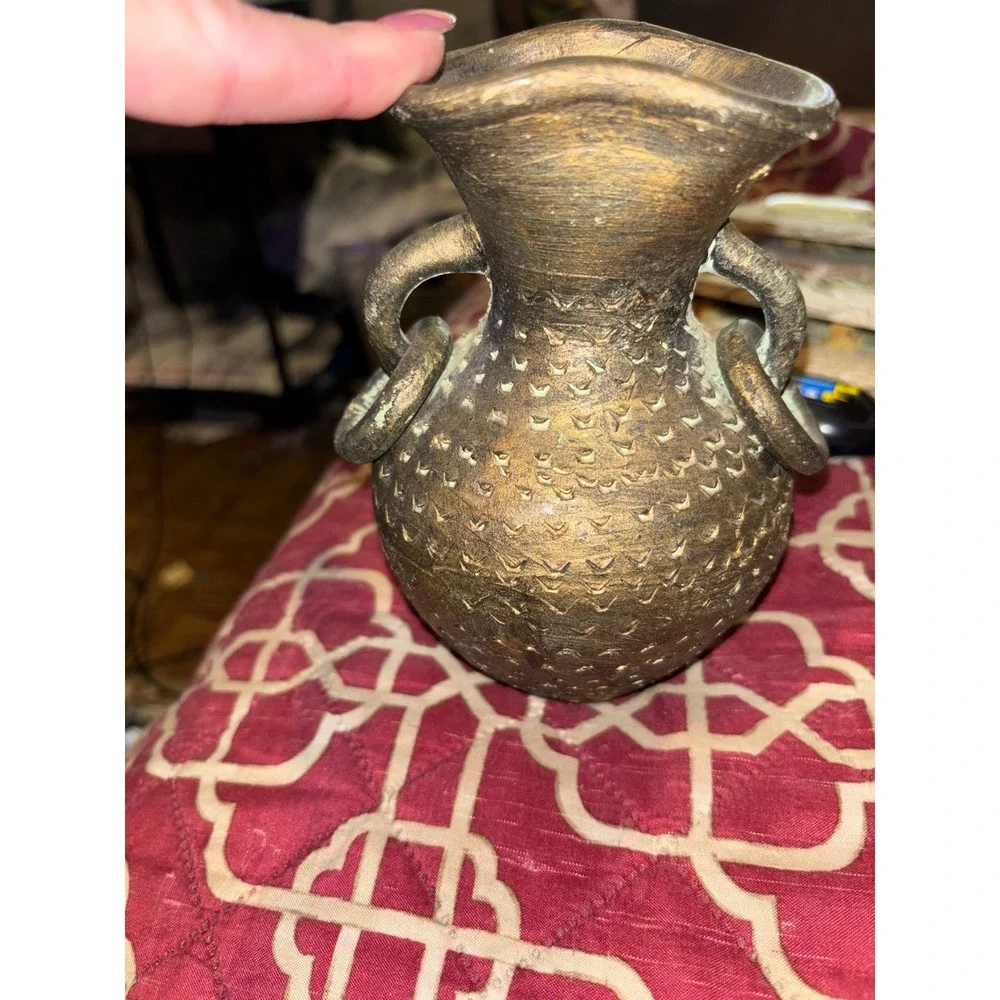 Vintage Style Textured Bronze Metal Bud Vase with Verdigris Patina Ring Handles